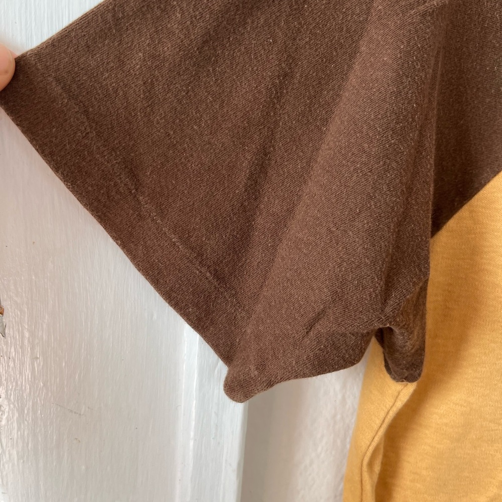 Men's Single Stitch USA Made Cotton Short Sleeve Raglan Tee in Mustard and Brown - Picture 5 of 9